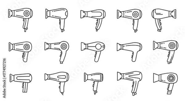 Obraz Collection of outline linear icons representing various hair dryers, perfect for graphic and web design, apps, adverts, and various cards. This vector cartoon illustration features a clean white
