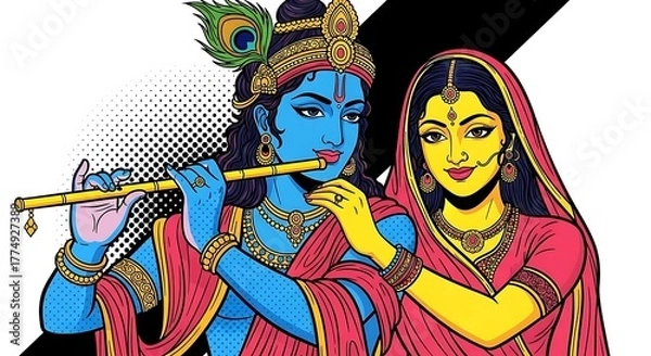 Fototapeta Intricate Mughal Miniature Digital Painting of Radha Krishna: Divine Love and Vrindavan Serenity