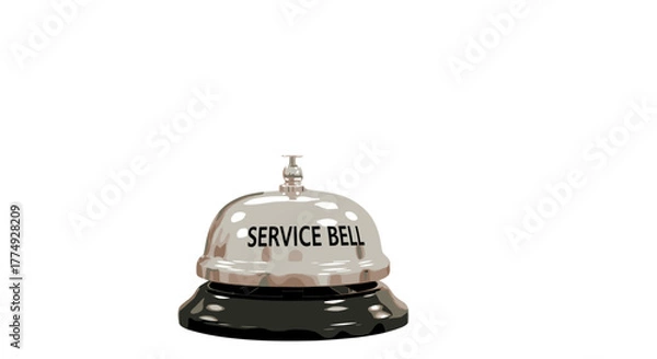 Obraz A gleaming silver service bell with the words "SERVICE BELL" clearly inscribed on its polished surface, isolated on a stark black background, symbolizing customer assistance, hospitality, and