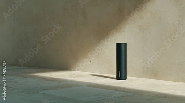 Fototapeta sleek thermos mug featuring holographic temperature indicator rests on clean surface