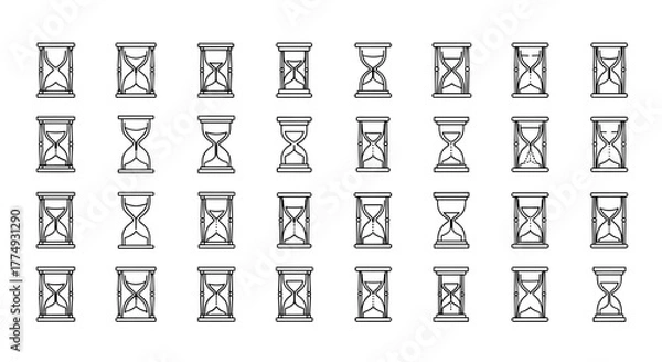 Obraz A comprehensive pack of thin line hourglass icons, perfect for web, books, cards, and apps. This editable stroke vector cartoon illustration features a white background, showcasing various hourglass