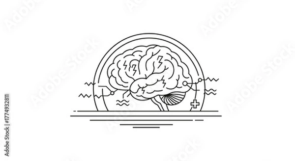 Fototapeta Abstract line art illustration of a brain MRI scan icon, symbolizing mental health, medical science, and electrical brain activation or stimulation, presented as a thin linear sign and symbol for a