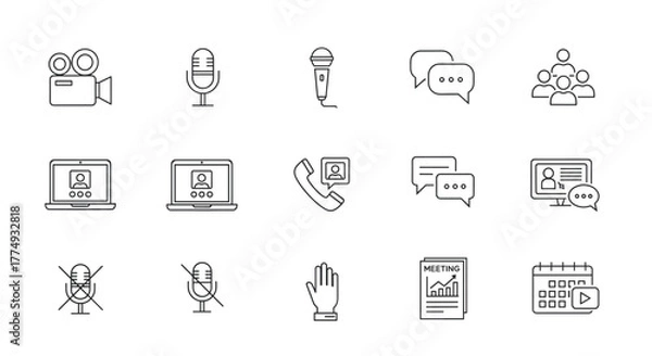 Fototapeta Collection of thin line icons representing video conferencing, online meetings, and virtual communication, presented on a clean white background for digital use. This set includes essential tools for