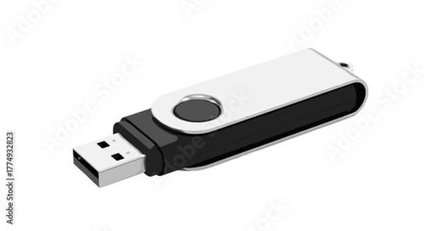 Fototapeta A sleek, modern USB flash drive with a silver swivel cap and black body, isolated on a black background. This portable storage device represents technology, data transfer, and digital information