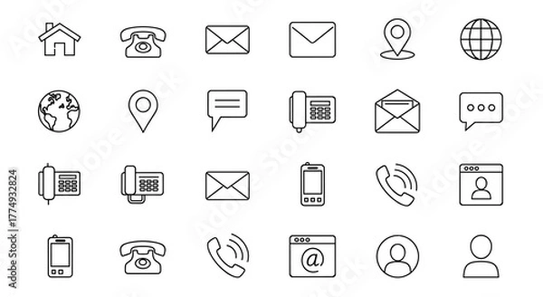 Fototapeta A collection of communication icons in a clean, white outline style on a black background, featuring essential contact symbols like home, phone, email, location pin, globe, fax, message bubble