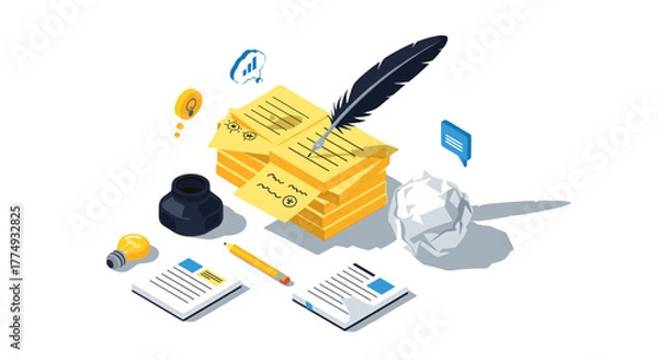 Fototapeta Creative Writing Tools Isometric Vector Illustration Set: Featuring a stack of yellow notes with a quill pen, inkwell, crumpled paper ball, lightbulb, pencil, and documents, symbolizing ideas