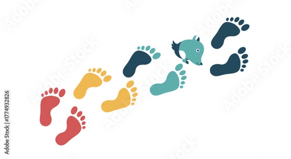 Fototapeta Vibrant and playful flat vector illustration of colorful footprints in red, yellow, teal, and dark blue, leading towards a cute, stylized blue animal head, set against a stark black background