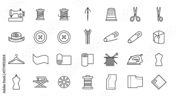 Fototapeta A comprehensive collection of thin line icons representing various sewing and tailoring tools and elements, presented on a clean white background, perfect for digital and print design projects