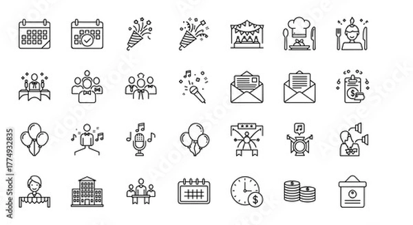 Fototapeta A comprehensive line icon set for event planning and organization, featuring elements like calendars, party poppers, festive decorations, catering, guest arrangements, invitations, entertainment