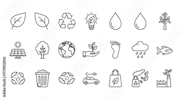 Fototapeta Ecology and sustainability thin line icon set, representing concepts like recycling, renewable energy, nature, water conservation, and environmental protection, perfect for eco-friendly design and