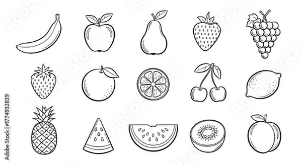 Fototapeta A collection of hand-drawn doodle icons representing a variety of fresh fruits, including a banana, apple, pear, strawberry, orange, lemon, grapes, cherries, pineapple, watermelon slice, kiwi slice