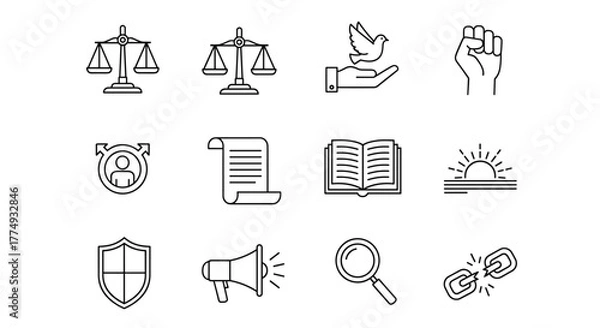 Fototapeta Human rights line icon set: Simple outline symbols representing justice, law, equality, social activism, and freedom. This collection features clear vector icons for concepts like scales of justice