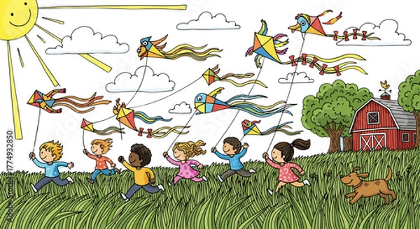 Fototapeta Vibrant hand-drawn illustration of diverse children joyfully running through tall green grass, flying colorful, whimsical kites against a black sky with a smiling sun and fluffy clouds, near a rustic