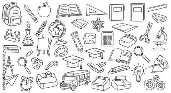 Fototapeta A diverse collection of hand-drawn school supplies and educational icons, perfect for back-to-school themes, presented in a clean sketch style on a black background, ideal for wrapping paper