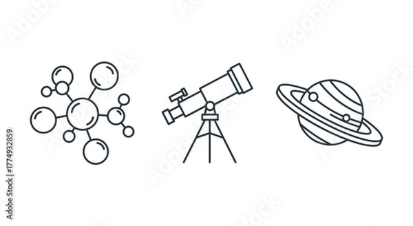Fototapeta Set of outline science exhibition icons, including a molecule model, a telescope on a tripod, and a planet model with rings, representing scientific exploration, discovery, and the universe, perfect