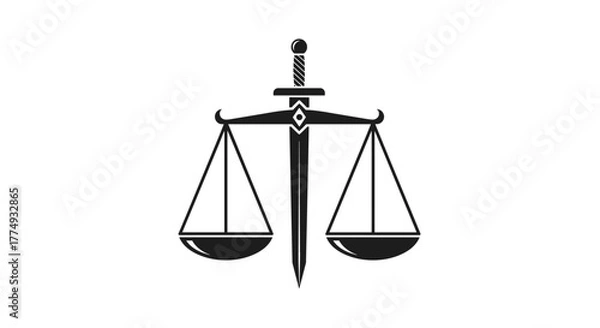 Fototapeta Symbolic line-style icon representing the Scales of Justice, featuring balanced and unbalanced scales, a sword symbolizing judgment, and a diamond shape, all rendered in a clean, modern aesthetic