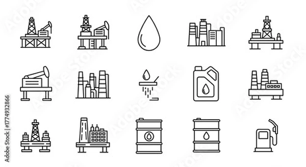 Fototapeta Set of editable stroke outline web icons representing the oil and gas industry, including oil rigs, refineries, petroleum drops, lubricant canisters, oil barrels, and gas pumps, presented on a black
