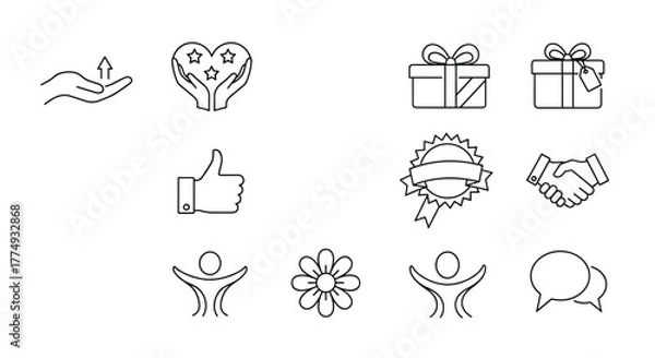 Fototapeta Set of Thank You Vector Line Icons: Gratitude, Appreciation, Thx Speech Bubble, Gift Box, Thumbs Up, Handshake, Stars in Hands, and More. Editable Stroke, 48x48 Pixel Perfect Icons for Business and