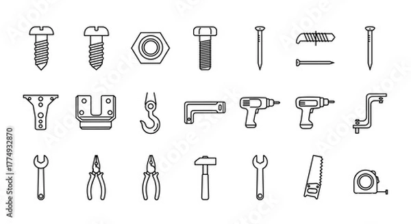Fototapeta Collection of black outline icons representing various hardware and construction elements, including screws, nuts, bolts, nails, hooks, drills, and other fixation tools, isolated on a white