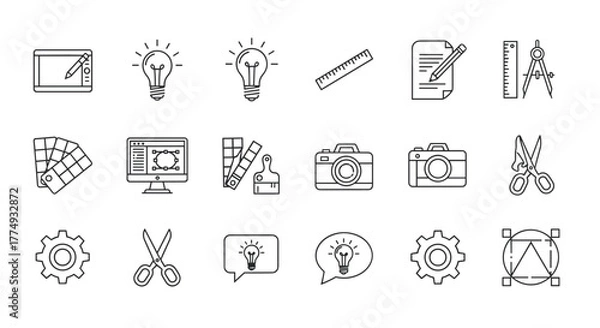 Fototapeta Set of creative graphic design line icons, including a drawing tablet, light bulbs for ideas, ruler, document with pencil, compass, color palette, computer with design software, paint brush, cameras