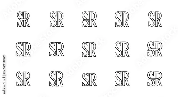 Fototapeta A seamless pattern of the monogram 'SR' in a vintage, textured, white outline style against a solid black background, ideal for branding, graphic design, and decorative elements.