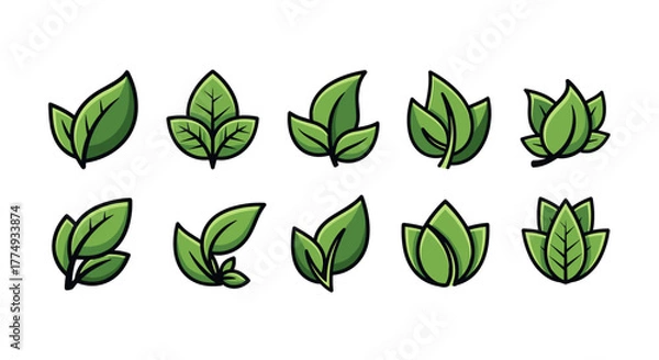 Fototapeta Collection of ten stylized green leaf icons and symbols, representing nature, growth, and organic elements, perfect for eco-friendly branding, health products, and environmental themes. Each leaf