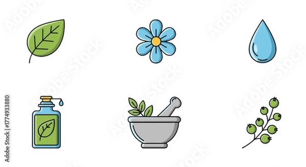 Fototapeta A collection of six flat design icons representing natural elements and wellness, including a green leaf, a blue flower, a water droplet, a bottle of essential oil, a mortar and pestle with herbs