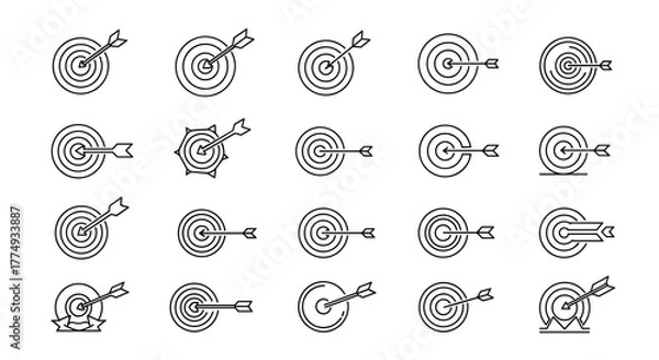 Fototapeta Collection of twenty distinct dartboard and arrow icons, presented in a clean, white line art style against a solid black background, symbolizing focus, accuracy, and achievement in various business