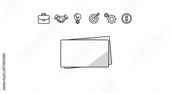 Fototapeta A collection of business-related icons, including a briefcase, handshake, lightbulb, target, gears, and a dollar coin, arranged above two blank white rectangular cards on a black background