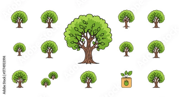 Fototapeta A collection of stylized green trees of varying sizes, including a large central tree and smaller saplings, set against a stark black background, symbolizing growth, nature, and the environment.