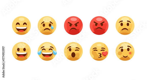 Fototapeta Collection of diverse 3D emoji faces showcasing a spectrum of emotions, from joy and laughter to anger and sadness, presented in a clean, organized line against a dark background, ideal for digital
