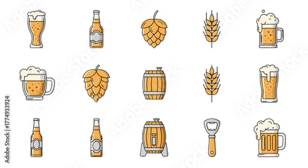 Fototapeta A vibrant collection of flat line art icons representing beer and brewing elements, perfect for infographics, articles, books, flyers, and banners, featuring beer glasses, bottles, hops, wheat