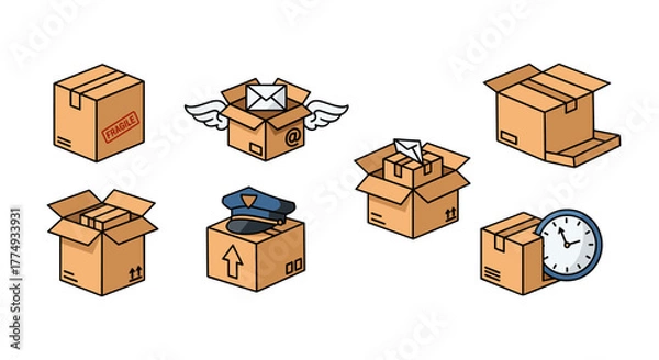 Fototapeta Set of vector cartoon illustrations depicting various aspects of postal and delivery services, including sealed and open boxes, a "fragile" label, a postal cap, winged mail, and a clock indicating