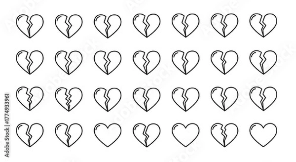 Fototapeta Set of broken heart line icons, representing heartbreak, sadness, and relationship problems. These simple, outline vector graphics are perfect for graphic design, web design, apps, advertisements