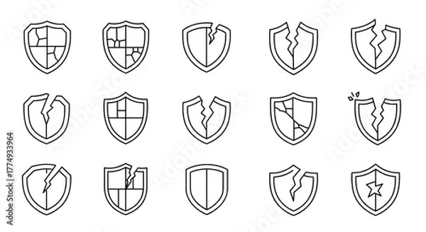 Fototapeta Collection of broken shield line icons, representing vulnerability, damage, and failure. Includes cracked, shattered, and fractured shield designs suitable for graphic design, web, apps, and