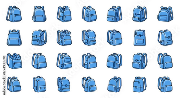 Fototapeta Collection of vibrant, minimalistic linear pictograms representing blue backpacks or school bags, ideal for web and graphic design, app interfaces, banners, and social network content, showcasing a