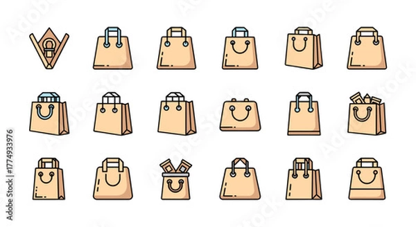 Fototapeta Collection of beige shopping bag icons in a minimalist linear pictogram style, perfect for web design, graphic design, apps, banners, social networks, and e-commerce applications, featuring various