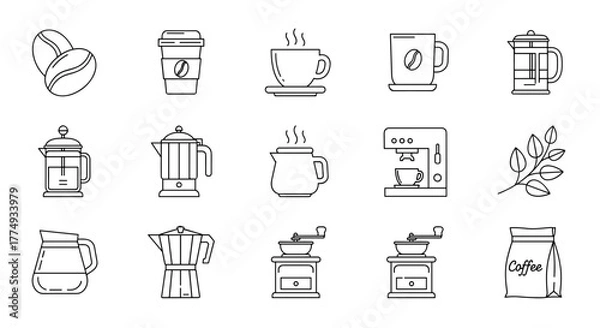 Fototapeta Collection of stylized white outline icons representing coffee-related items on a black background, perfect for graphic and web design, apps, adverts, and various cards, including coffee beans, cups