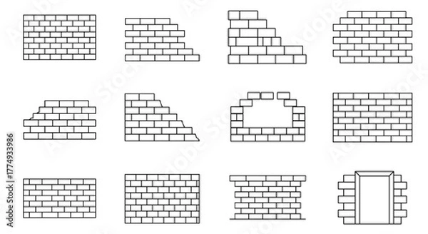Fototapeta Collection of 12 outline brick wall icons, including intact walls, broken sections, and a doorway, perfect for infographics, articles, books, flyers, and banners, presented as editable stroke vector