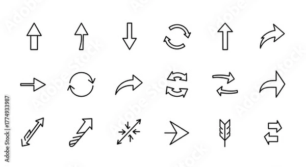 Fototapeta Collection of outline arrow icons, including straight, curved, and circular designs, perfect for graphic and web design, app interfaces, advertisements, and various digital or print materials. This