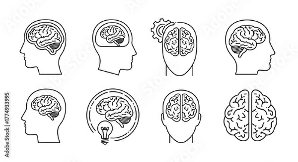 Fototapeta Collection of stylized brain illustrations within human heads, symbolizing thought, ideas, and cognition. Includes gears, lightbulbs, and abstract representations, perfect for educational