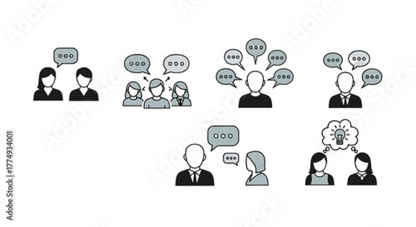 Fototapeta Set of minimalistic vector cartoon illustrations depicting faceless people engaged in various forms of communication, including discussions, brainstorming, and idea sharing, suitable for web and