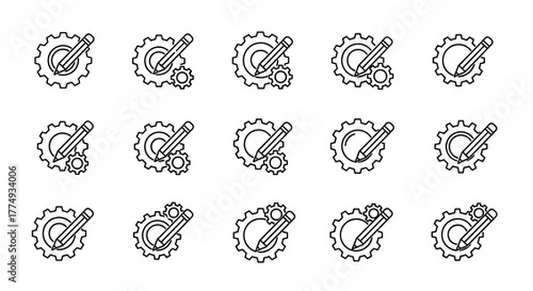 Fototapeta Collection of minimalistic linear icons featuring a gear with a pencil, symbolizing creativity, development, and engineering. These versatile vector graphics are perfect for web design, app