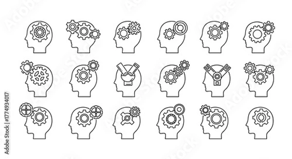Fototapeta Set of minimalistic line icons depicting a human head profile with various gear mechanisms inside, symbolizing thought processes, ideas, and intelligence. This collection is perfect for web design
