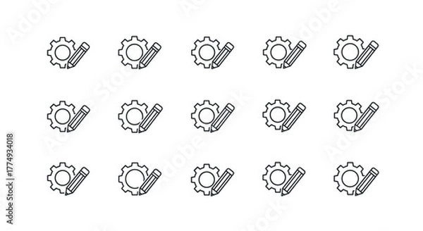 Fototapeta Minimalistic thin line icon set featuring gears and pencils, symbolizing settings, configuration, creation, and development. Ideal for web design, app interfaces, banners, social media, and graphic