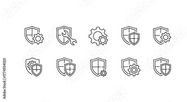 Fototapeta Set of minimalist thin line icons representing security and settings, featuring shields combined with gears and wrenches, suitable for web design, app interfaces, banners, social networks, and