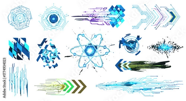 Fototapeta Futuristic glowing digital elements and abstract shapes, including circuit board patterns, atomic models, and geometric designs, rendered in vibrant blue and purple hues on a black background