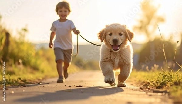 Fototapeta A young boy happily runs alongside his energetic golden retriever puppy on a sunny path, creating a heartwarming scene of friendship and outdoor fun
