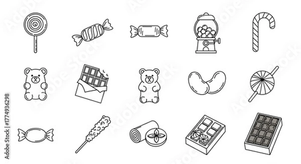 Fototapeta Collection of outline-style candy illustrations, including lollipops, gummy bears, chocolates, candy canes, and a gumball machine, perfect for infographics, articles, books, flyers, and banners