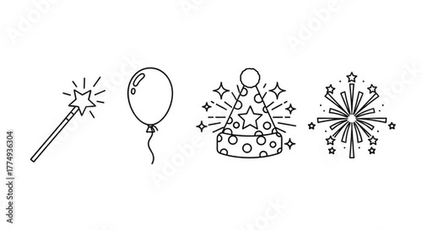 Fototapeta Vibrant Line Icon Set for Celebrations, Featuring Magic Wand, Balloon, Holiday Hat, Sparkling Effects, and Fireworks, Perfect for Designing Cards, Social Media Posts, and Mobile Applications with a
